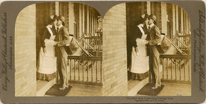 Stereocard, The Mailman Collecting Postage Due, Berry, Kelley & Chadwick Publishers, 1904