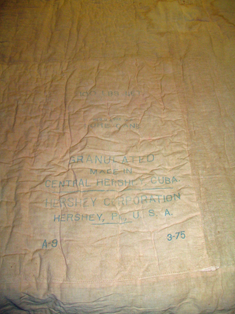 Back of quilt featuring sugar sacks from Central Hershey, Cuba