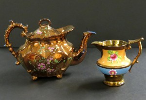 Teapot and Cream Pitcher, Copper Lusterware with enameled flowers, c.1850