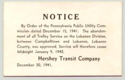 Notice, dated December 15, 1941, stating that trolley service between Campbelltown and Lebanon would end January 9, 1942.