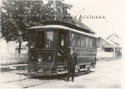 Conductor William Harper standing beside Hershey Transit Company trolley in Campbelltown, PA, c.1913. Courtesy Hershey Community Archives.