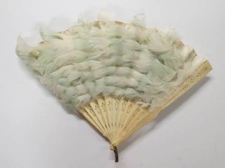 Hand fan made with ivory slats and pale blue feathers, 1850-1900